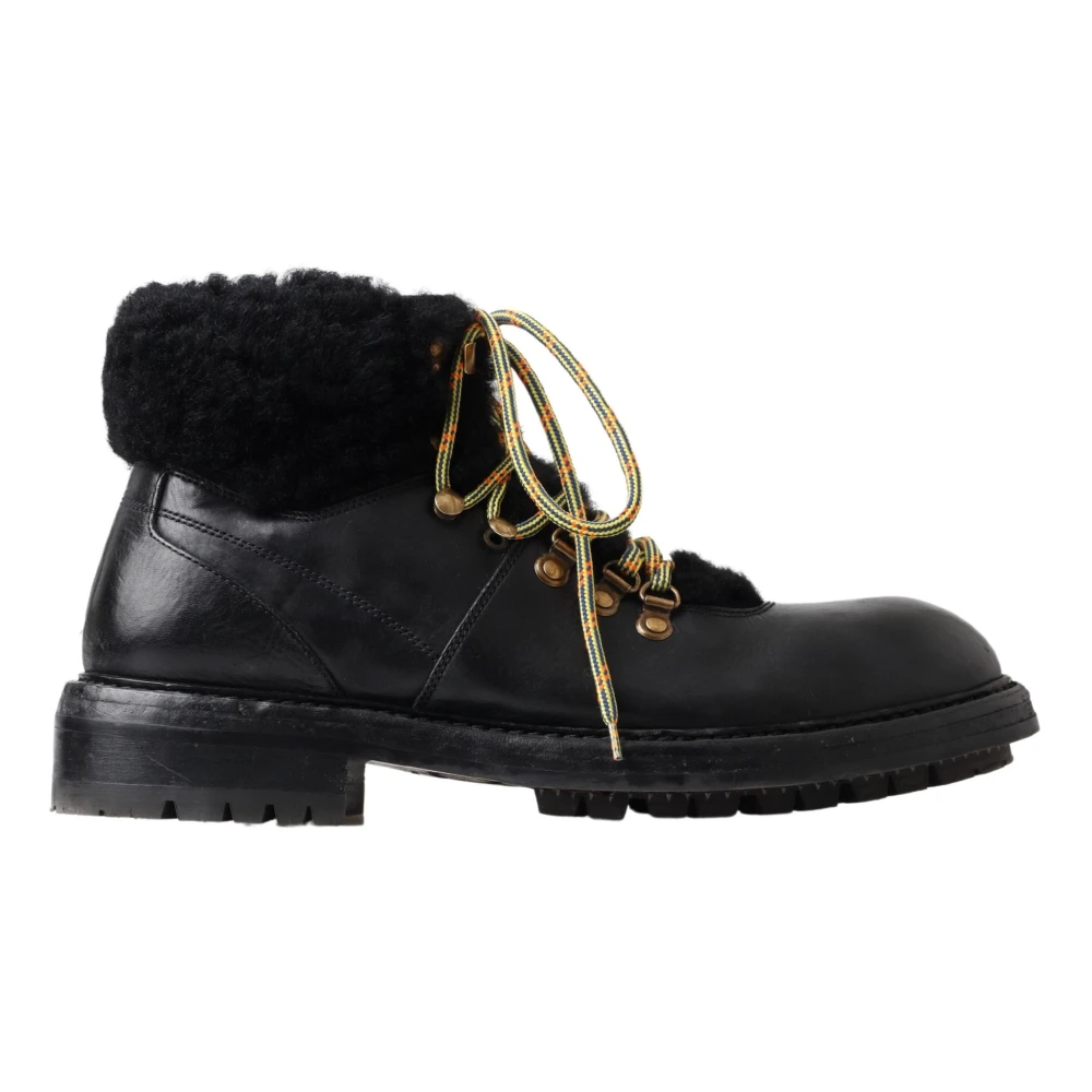 Schwarze Leder Shearling Stiefel