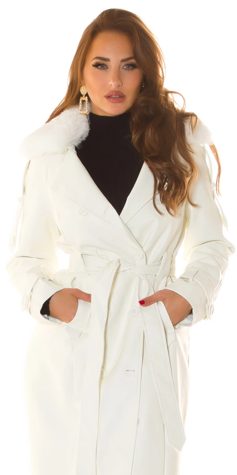 Wintermantel Kunstleder Trenchcoat Look Mantel Gefüttert mit Kunstfell Kragen und Gürtel